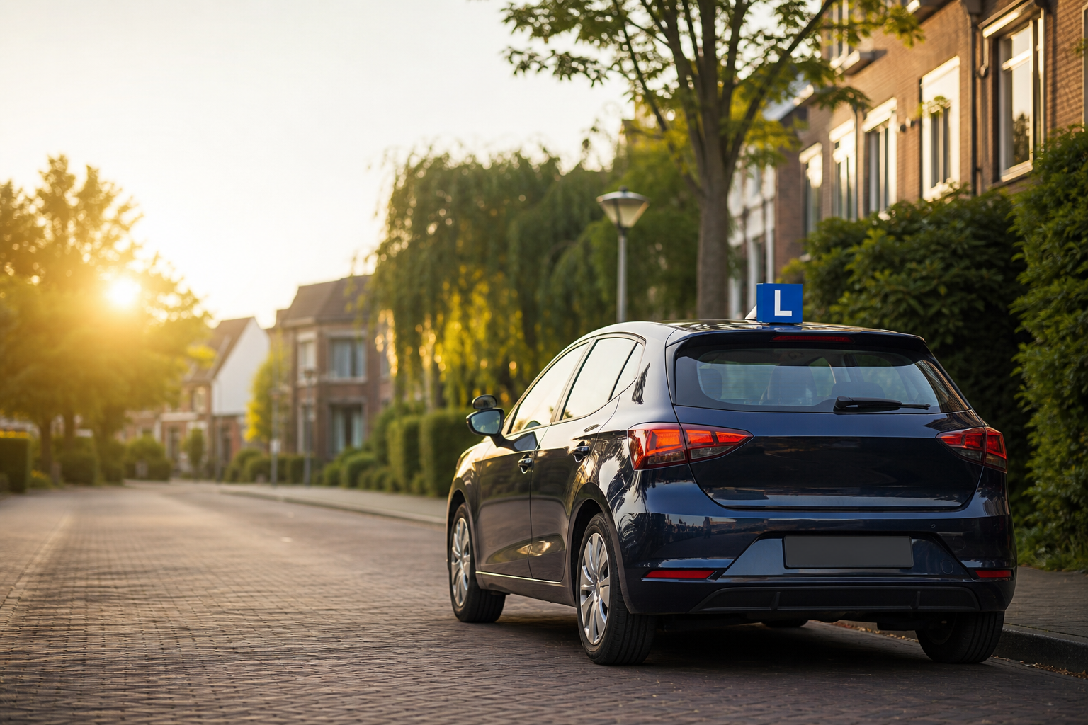 Lesauto van een rijschool in een Nederlandse woonwijk
