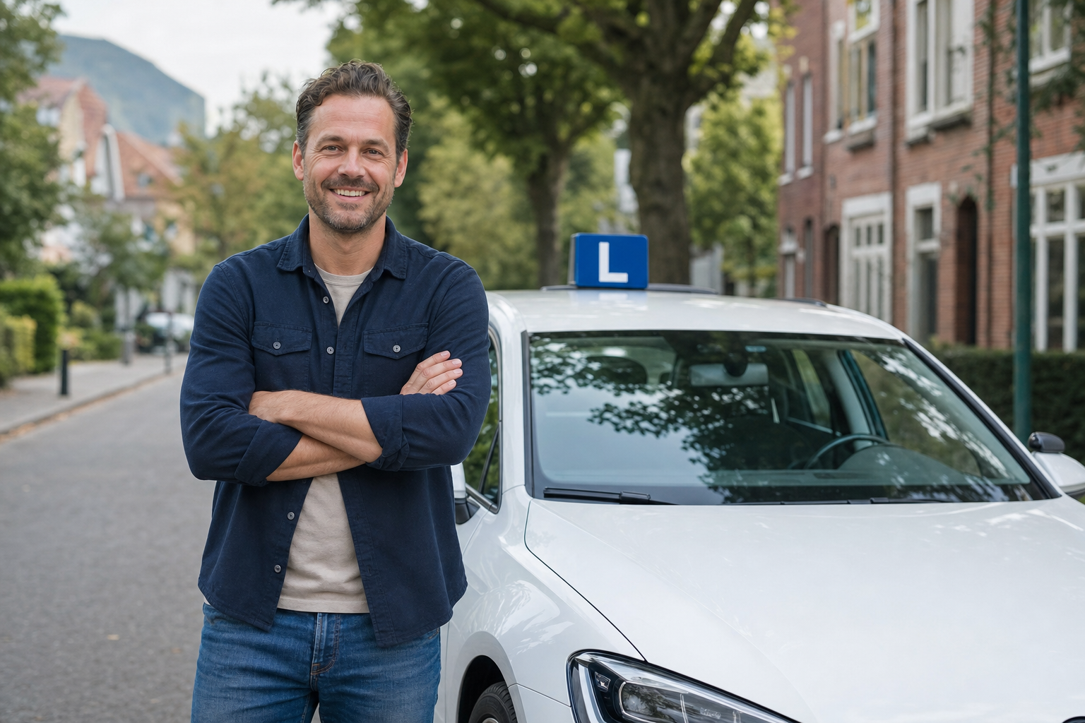 Rijinstructeur naast een lesauto